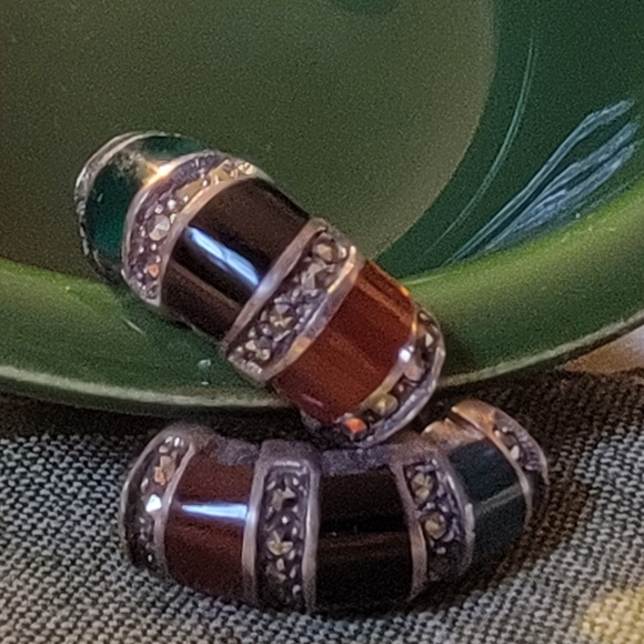 🗝Vintage Sterling Jade, Hematite, & Amber Marcasite Earrings - Picture 5 of 8